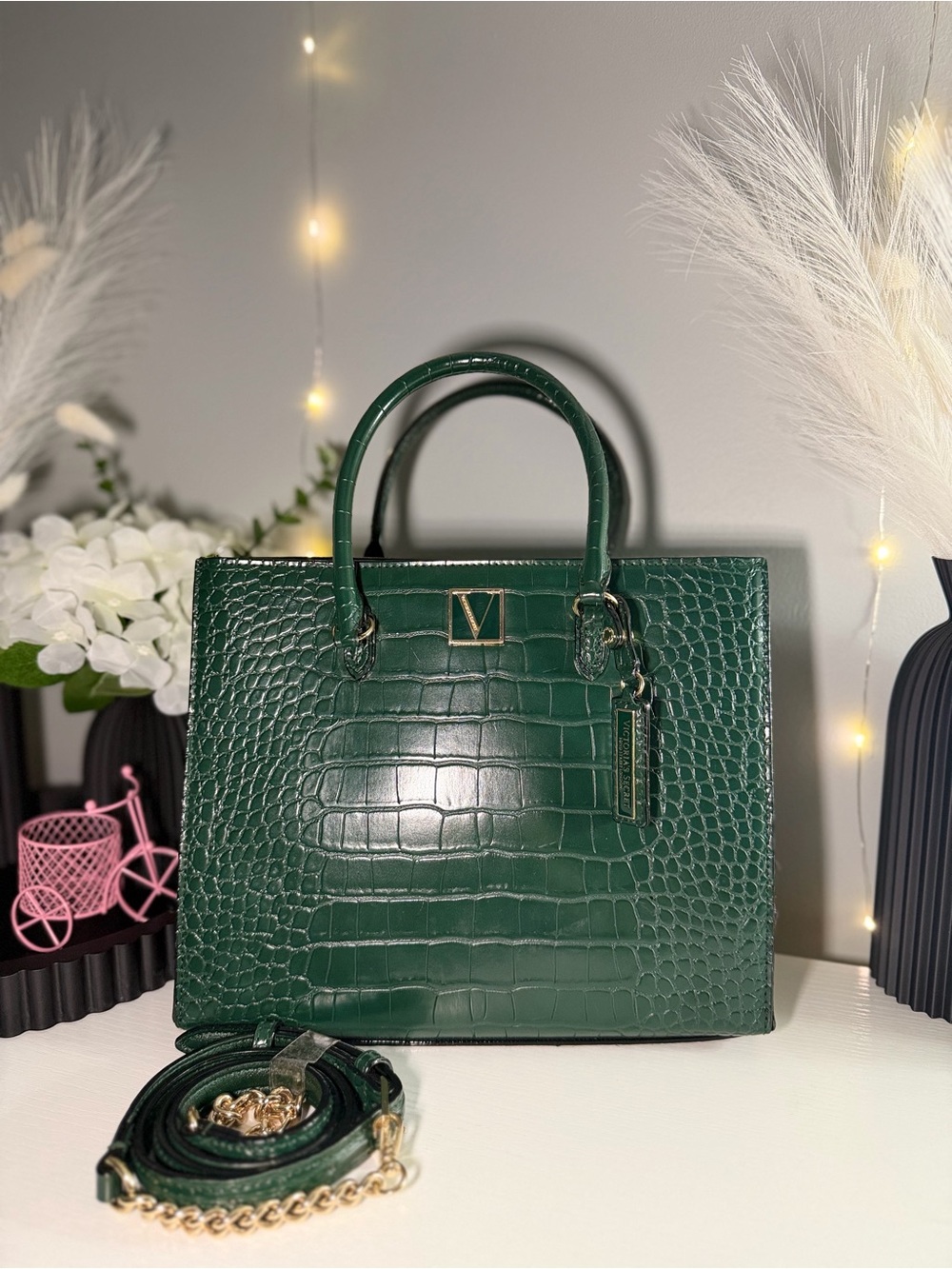Victoria's Secret Emerald Green Croc-Embossed Satchel